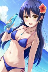  bangle beach bikini blue_bikini blue_hair blue_sky blush bottle bracelet breasts ca_ba_ya_ki cloud day earrings female flower hair_flower hair_ornament hibiscus highres holding holding_bottle jewelry long_hair looking_at_viewer love_live! love_live!_school_idol_project marine_day navel necklace ocean open_mouth outdoors ramune red_flower side-tie_bikini_bottom sky small_breasts smile solo sonoda_umi sweat swept_bangs swimsuit water yellow_eyes 