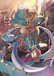  1boy 2girls arabian_clothes armlet blonde_hair blue_eyes bridal_gauntlets circlet commentary crossdressing detached_sleeves gerudo gerudo_set_(zelda) halterneck highres link looking_at_viewer male_focus mouth_veil multiple_girls otoko_no_ko photoshop_(medium) pointy_ears solo_focus sword the_legend_of_zelda the_legend_of_zelda:_breath_of_the_wild veil weapon whitetown 