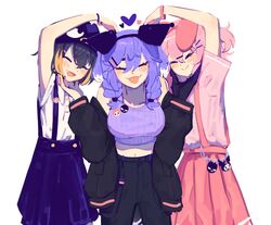  3girls ahoge anniversary arm_up asymmetrical_arms badtz-maru black_hair black_jacket black_pants blue_skirt blush braid breasts closed_eyes crop_top dragon_girl hair_ornament hairclip head_wings heart heart_arms_trio highres jacket jess_(p2eocene) kuromi large_breasts medium_hair midriff multicolored_hair multiple_girls my_melody navel nijisanji nijisanji_en obsydia_(nijisanji) oerba_yun_fang onegai_my_melody orange_hair pants petra_gurin pink_hair pink_shirt pink_skirt pointy_ears purple_hair purple_sweater purple_wings rosemi_lovelock sanrio selen_tatsuki shirt short_hair short_sidetail short_sleeves simple_background skin_fang skirt sleeveless smile suspender_skirt suspenders sweater tongue tongue_out twin_braids virtual_youtuber white_background white_shirt wings 