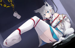  animal_ears arms_behind_back azur_lane blue_eyes blush bondage bondage bondage bound bound_toes broken_glass chains chimu_xingcheng collar crotch_rope detached_sleeves feet female flower fox_ears fox_girl fox_tail geta glass grey_hair hair_between_eyes hair_flower hair_ornament hair_ribbon highres indoors japanese_clothes kawakaze_(azur_lane) kawakaze_(unsullied_white_fox)_(azur_lane) kimono legs long_sleeves no_shoes obi on_floor restrained ribbon rope sash sitting soles solo tabi tail tentacle thighhighs toes uchikake variant_set white_thighhighs wide_sleeves 