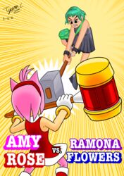  2016 absurd_res accessory amy_rose anthro black_eyes boots bracelet clenched_teeth clothing dated death_battle dress duo english_text eulipotyphlan female fight footwear fur gloves green_hair hair hair_accessory hammer handwear hedgehog hi_res holding_object holding_weapon human jewelry mammal piko_piko_hammer pink_body pink_fur purse ramona_flowers red_clothing red_dress scott_pilgrim_(series) scott_pilgrim_vs._the_world sega signature simple_background sonic_the_hedgehog_(series) teeth text tools tyscope3 weapon yellow_background 