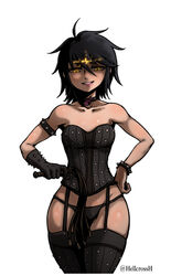  ahoge archaon_the_everchosen armlet artist_name bare_shoulders black_choker black_gloves black_hair black_panties black_thighhighs bracelet breasts cat_o&#039;_nine_tails chaos_(warhammer) choker collarbone commentary corset cowboy_shot cropped_legs english_commentary female garter_straps genderswap_(mtf) gloves glowing grin groin hair_between_eyes half-closed_eyes hand_on_own_hip happy hellcross_(dkrejd2000) highres holding holding_whip jewelry looking_down panties rule_63 shiny_skin short_hair simple_background single_glove slaanesh_(symbol) small_breasts smile solo spiked_armlet spiked_bracelet spiked_gloves spikes standing straight-on teeth thighhighs total_war:_warhammer twitter_username underwear warhammer_fantasy watermark whip white_background yellow_eyes 