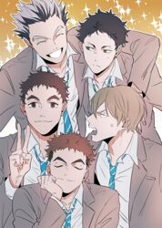  5boys akaashi_keiji anger_vein black_hair blazer blonde_hair bokuto_koutarou brown_hair closed_eyes closed_mouth collared_shirt eyebrows grey_hair grin haikyuu!! hand_on_own_cheek hand_on_own_face hand_up jacket komi_haruki konoha_akinori male_focus multicolored_hair multiple_boys necktie sarukui_yamato school_uniform shirt short_hair smile starry_background teeth two-tone_hair ummm_mmma v white_shirt 