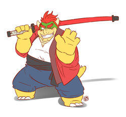  2017 anthro blush bowser clothing cosplay hi_res humanoid_hands kamui_shirow koopa kumatetsu mario_bros melee_weapon nintendo one_eye_closed overweight scalie shirt simple_background sword the_boy_and_the_beast topwear weapon white_background wink 