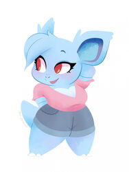  anthro bangs blue_body blue_fur blue_hair bottomwear buzzkillbluefish clothing female fur generation_1_pokemon hair hi_res nidorina nini_(abgallery) nintendo pink_clothing pink_shirt pink_topwear pokemon pokemon_(species) red_eyes shirt short_stack shorts solo topwear 