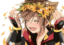  1boy :d bad_id bad_pixiv_id blush brown_hair closed_eyes commentary_request eno_(enokanotan) flower happy head_wreath highres kingdom_hearts kingdom_hearts_iii male_focus open_mouth paper_texture petals simple_background smile solo sora_(kingdom_hearts) spiked_hair sunflower white_background yellow_flower 