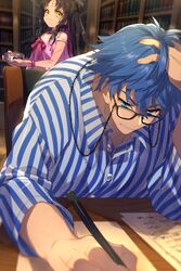  1boy aged_up babydoll bare_shoulders black_hair blue_eyes blue_hair blue_shirt breasts chest_tattoo double_bun dress_swimsuit echo_(circa) eyewear_strap facial_mark fate/grand_order fate_(series) female forehead_mark glasses hair_bun hans_christian_andersen_(adult)_(fate) hans_christian_andersen_(fate) long_hair long_sleeves multicolored_hair paper parted_bangs pen pink_babydoll pink_hair sessyoin_kiara sessyoin_kiara_(lily) shirt short_hair small_breasts smile streaked_hair striped_clothes striped_shirt swimsuit tattoo very_long_hair wavy_hair yellow_eyes 