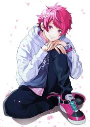  1boy a3! cherry_blossoms collared_shirt denim flower full_body hair_flower hair_ornament hands_on_own_knee head_on_knee highres hood hoodie jeans looking_at_viewer male_focus pants petals pink_eyes pink_footwear pink_hair plaid sakuma_sakuya shirt shoco_(sco_labo) shoes short_hair sitting smile sneakers solo swept_bangs watch wristwatch 