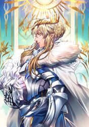  ahoge armor artoria_pendragon_(fate) artoria_pendragon_(lancer)_(fate) banner blonde_hair braid braided_bun cape commentary_request crown cuirass expressionless fate/grand_order fate_(series) female from_side fur_trim gauntlets green_eyes hair_bun helmet highres holding holding_helmet lion_king_(lancer)_(fate) long_hair looking_ahead parted_lips profile sidelocks single_hair_bun solo standing tenobe unworn_headwear unworn_helmet upper_body white_cape 