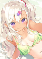  archerfish_(azur_lane) arm_support azur_lane bare_arms beach bikini blonde_hair blush breasts closed_mouth collarbone commentary_request day dot_nose female green_bikini hair_between_eyes hair_ornament highres kani_biimu long_hair looking_at_viewer navel ocean one-piece_tan one_side_up outdoors outstretched_arm partially_submerged purple_eyes reaching reaching_towards_viewer sand small_breasts smile solo star_(symbol) star_hair_ornament swimsuit symbol_in_eye tan tanlines water wavy_hair 