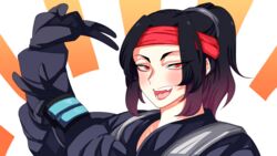  animification apex_legends black_gloves black_hair black_robe blush cloud_marauder_valkyrie fangs female gloves haguki hair_behind_ear headband highres looking_at_viewer official_alternate_costume open_mouth parted_bangs ponytail portrait red_eyes red_headband robe smile solo textless_version valkyrie_(apex_legends) 