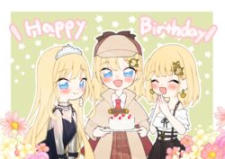  3girls :d absurdres black_dress blonde_hair blue_eyes blush cake capelet closed_eyes commentary deerstalker dress earrings flower food green_background hair_ornament happy_birthday hat heart heart_earrings highres hololive hololive_english jewelry long_hair long_sleeves looking_at_viewer medium_hair multiple_girls multiple_persona neru_(flareuptf1) one_side_up see-through see-through_sleeves smile starry_background strawberry_shortcake tiara two-tone_background virtual_youtuber watson_amelia watson_amelia_(1st_costume) watson_amelia_(party_dress) watson_amelia_(street_casual) white_background 