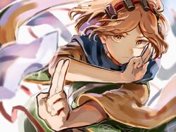  1other androgynous blue_scarf bow commentary_request hairband hemo_(hemoroda) japanese_clothes kimono len&#039;en orange_eyes orange_hair orange_kimono other_focus reactivate_majestical_imperial scarf short_hair solo wide_sleeves zuifeng_tenkai 