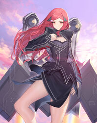  airplane_hair_ornament asymmetrical_bangs black_dress blush cleavage_cutout clothing_cutout dress female flat_chest kagimiya_mello last_origin long_hair long_sleeves looking_at_viewer night_angel_(last_origin) outdoors red_eyes red_hair sky solo 