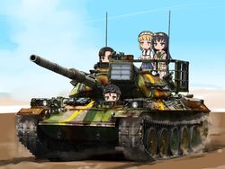  4girls asymmetrical_bangs bad_id bad_twitter_id black_eyes black_hair black_headwear black_skirt blonde_hair blue_sky blunt_bangs blush brown_eyes brown_hair brown_jacket camouflage casual chouno_ami closed_mouth cloud cloudy_sky cutlass_(girls_und_panzer) day desert dust_cloud frilled_hairband frills girls_und_panzer goggles goggles_on_headwear green_shirt green_skirt hair_ribbon hairband helmet jacket long_hair long_sleeves military military_vehicle miniskirt motion_blur motor_vehicle multiple_girls nishi_kinuyo open_mouth outdoors pleated_skirt reizei_mako ribbon shasu_(lastochka) shirt short_hair skirt sky smile standing striped_clothes striped_shirt tank tank_helmet type_74_(tank) white_shirt yellow_eyes yellow_ribbon 