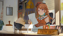  absurdres bird blush breasts chair chick closed_mouth desk earrings female highres holding hololive hololive_english indoors ink_stamp jewelry jia_ma long_hair looking_at_object medium_breasts orange_hair photo_(object) purple_eyes sitting solo takanashi_kiara takanashi_kiara_(1st_costume) virtual_youtuber window 