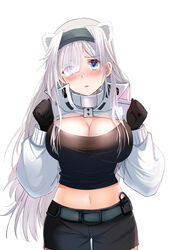  absurdres animal_ears arknights aurora_(arknights) aurora_(elite_ii)_(arknights) bear_ears belt black_gloves black_shirt black_shorts blue_eyes blush breasts cleavage commentary cowboy_shot crop_top eyes_visible_through_hair female gloves grey_hairband hair_over_one_eye hairband hands_up head_tilt highres kon_hitsuji large_breasts long_hair long_sleeves looking_at_viewer midriff navel nose_blush parted_lips shirt shorts shrug_(clothing) simple_background solo standing stomach symbol-only_commentary very_long_hair white_background white_hair 