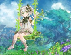  bare_shoulders bloomers blue_sky blush closed_mouth cloud cloudy_sky commentary_request cross-shaped_pupils day dress feet female flower genshin_impact gradient_hair green_eyes green_hair hair_ornament hands_up highres hikari_niji multicolored_hair nahida_(genshin_impact) no_shoes outdoors pointy_ears purple_flower side_ponytail sitting sky sleeveless sleeveless_dress smile socks solo stirrup_legwear sumeru_rose_(genshin_impact) swing symbol-shaped_pupils toeless_legwear toenails toes transparent tree underwear white_bloomers white_dress white_socks yellow_flower 