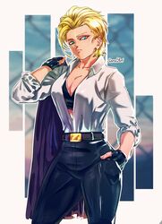  absurdres alternate_hairstyle android_18 artist_name belt black_bra black_pants blonde_hair blue_eyes bra breasts cleavage commentary contrapposto cowboy_shot dragon_ball dragon_ball_z female fingerless_gloves frown gloves hair_pulled_back hand_in_pocket highres jacket jacket_over_shoulder large_breasts medium_hair open_clothes open_shirt pants sarulart shirt shirt_tucked_in solo underwear unworn_jacket white_shirt 