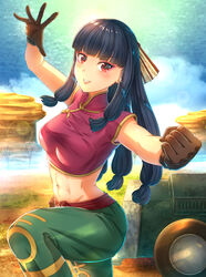  absurdres appare-ranman! black_hair brown_gloves car china_dress chinese_clothes clenched_hand day dress english_commentary eyeliner female fighting_stance gloves green_pants highres jing_xia_lian long_hair makeup midriff motor_vehicle navel outdoors pants red_eyes smile solo standing standing_on_one_leg zephx 