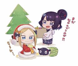  2girls :d abigail_williams_(fate) alternate_color animal barefoot black_bow black_dress blonde_hair blue_eyes blush bow box chibi christmas christmas_ornaments christmas_stocking christmas_tree closed_mouth commentary_request dress fate/grand_order fate_(series) fur-trimmed_dress fur-trimmed_headwear fur_trim grey_jacket hair_bun hairbow hat holding holding_box hood hood_down hooded_jacket jacket katsushika_hokusai_(fate) katsushika_hokusai_(traveling_outfit)_(fate) long_sleeves multiple_girls octopus official_alternate_costume open_mouth orange_bow outstretched_arms parted_bangs polka_dot polka_dot_bow puffy_long_sleeves puffy_sleeves purple_eyes purple_hair red_dress red_headwear santa_costume santa_hat shadow sidelocks single_hair_bun sitting sleeves_past_fingers sleeves_past_wrists smile standing tokitarou_(fate) totatokeke translated v-shaped_eyebrows wavy_mouth white_background 