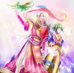  1boy animal asellus_(saga_frontier) bug butterfly closed_mouth dress female flower fur_trim green_hair jewelry long_hair monster necklace omochibaaa red_flower red_rose rose rouge_(saga_frontier) saga saga_frontier short_hair smile white_hair 