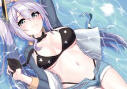  ahoge arm_up azur_lane bikini black_bikini blue_eyes breasts commentary_request female fingerless_gloves gloves hair_between_eyes half_gloves heart heart-shaped_pupils heart_ahoge highleg highleg_panties highres jacket koufuku_no_yorozuya large_breasts open_clothes open_fly open_jacket panties partially_submerged portland_(azur_lane) portland_(retrofit)_(azur_lane) purple_hair short_shorts shorts side_ponytail solo star_(symbol) star_print swimsuit symbol-shaped_pupils underwear 