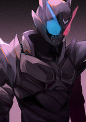  1boy absurdres armor black_armor black_background blue_eyes hazard_trigger heterochromia highres kamen_rider kamen_rider_build kamen_rider_build_(series) leichi6 male_focus profile rabbit+tank_form_(black_hazard) red_eyes solo 