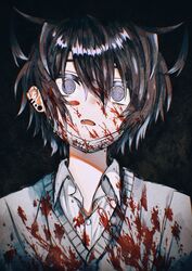  1boy @_@ absurdres animal_ears black_hair blood blood_on_clothes blood_on_face blood_splatter cat_boy cat_ears commentary ear_piercing highres male_focus mask oerba_yun_fang original pale_skin piercing portrait solo suuno_kamibukuro symbol-only_commentary 