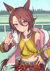  animal_ears blue_eyes blush brown_hair clothes_around_waist commentary_request day denim ear_ornament female grin hair_between_eyes hand_on_own_hip highres horse_ears horse_girl horse_tail horseshoe horseshoe_ornament jacket looking_at_viewer midriff nametake narita_taishin_(umamusume) open_clothes open_jacket outdoors pink_jacket smile solo sweat tail torn_clothes umamusume 