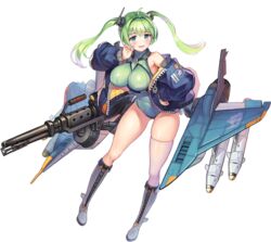  asymmetrical_legwear blue_eyes blush boots breasts female full_body game_cg green_hair gun heavy_machine_gun highres knee_boots large_breasts last_origin leotard lindwurm_(last_origin) long_hair machine_gun official_art paintale ribbed_leotard single_thighhigh smile solo tachi-e thighhighs transparent_background turtleneck twintails uneven_legwear weapon white_legwear 