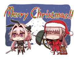  1boy alternate_legwear ammunition_belt astolfo_(fate) astolfo_(saber)_(fate) black_bow black_bowtie black_gloves black_ribbon bow bowtie braid closed_eyes commentary_request english_commentary fate/grand_order fate_(series) female florence_nightingale_(fate) florence_nightingale_(santa)_(fate) front_slit fur-trimmed_headwear fur-trimmed_sleeves fur_trim gloves gun hair_intakes hat juliet_sleeves korean_commentary l.n layered_skirt light_machine_gun long_sleeves low_twintails mixed-language_commentary multicolored_bow multicolored_hair otoko_no_ko parody pink_hair puffy_sleeves red_headwear ribbon riyo_(lyomsnpmp)_(style) santa_costume santa_hat skirt streaked_hair style_parody syringe syringe_gun twintails umbrella_gun wavy_mouth weapon white_hair wing_collar 