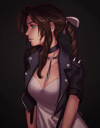  absurdres aerith_gainsborough artist_name black_background breasts brown_hair collarbone cropped_jacket ear_piercing female final_fantasy final_fantasy_vii final_fantasy_vii_remake green_eyes highres jacket leather leather_jacket lip_piercing looking_to_the_side piercing ponytail punk qtori small_breasts solo upper_body zipper 