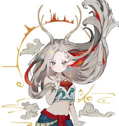  a_deer_of_nine_colors arknights arm_at_side closed_mouth crop_top earrings female floating_hair grey_eyes hand_up highres horns jewelry looking_at_viewer navel nine-colored_deer pointy_ears ryu_(17569823) single_earring smile solo sparkle upper_body white_background white_hair 