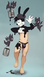  ambiguous_gender anthro bulge clothing fleischer_style_toon forced gloves goo_transformation group handwear hat headgear headwear hi_res human human_to_anthro imp inkblot lagomorph leporid male mammal navel nude paint rabbit redic-nomad simple_background species_transformation thong toonification toony transformation underwear 