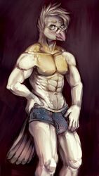  anthro avian big_muscles bird briefs bulge cere_(anatomy) clothed clothing columbid d4 d6 d8 dice domestic_pigeon eyewear fancy_pigeon fralea glasses lucerne_gold_collar male muscular muscular_anthro muscular_male pigeon solo topless underwear 