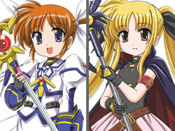  2girls armband bardiche barrier_jacket belt blonde_hair brown_hair cape fate_testarossa gloves hair_ribbon leotard long_hair magical_girl mahou_shoujo_lyrical_nanoha mahou_shoujo_lyrical_nanoha_the_movie_1st open_mouth purple_eyes raising_heart red_eyes ribbon skirt smile staff takamachi_nanoha twintails wanyan_aguda 