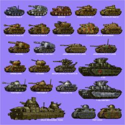  anti-aircraft_gun armored_train bison_ii blue_background camouflage commentary_request fiat_2000 flakpanzer_iv_kugelblitz flakpanzer_iv_moebelwagen flakpanzer_iv_ostwind flakpanzer_iv_wirbelwind girls_und_panzer hamcoro jagdpanzer_iv metal_slug military military_vehicle motor_vehicle no_humans original orlik_armoured_train panther_(tank) panzer_ii panzer_iii panzer_iv parody pixel_art sdkfz_165_hummel simple_background sturmpanzer_iv_brummbar style_parody t-35 tank vehicle_focus wespe_spg 