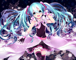  aqua_eyes aqua_hair beamed_eighth_notes commentary_request eighth_note female floating_hair gloves hatsune_miku head_tilt hinata_(sky) long_hair looking_at_viewer musical_note open_mouth partial_commentary quarter_note skirt snowflakes solo staff_(music) thighhighs twintails very_long_hair vocaloid 