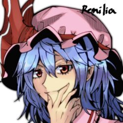  bad_id bad_pixiv_id blue_hair character_name commentary_request female hat looking_at_viewer lowres pandora-ex portrait remilia_scarlet simple_background smile solo touhou white_background 