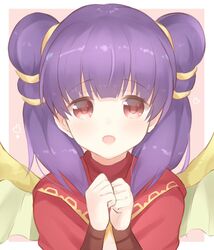  blush clenched_hands commentary_request dragon_wings female fire_emblem fire_emblem:_the_sacred_stones heart looking_at_viewer multi-tied_hair myrrh_(fire_emblem) open_mouth own_hands_together portrait purple_hair red_eyes shiyo_yoyoyo simple_background smile solo twintails wings 