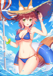  animal_ear_fluff animal_ears beach_umbrella bikini blue_bikini blush breasts collarbone commentary_request day ears_through_headwear fate/grand_order fate_(series) female fox_ears fox_girl fox_tail groin hat highres innertube large_breasts looking_at_viewer muq navel ocean oerba_yun_fang open_mouth outdoors parasol pink_hair revision side-tie_bikini_bottom solo straw_hat sunglasses swim_ring swimsuit tail tamamo_(fate) tamamo_no_mae_(swimsuit_lancer)_(fate) umbrella yellow_eyes 