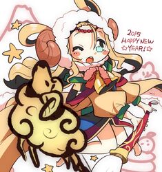  2015 ;d animal_costume bare_legs bell blonde_hair blush_stickers bunsuke calligraphy_brush circlet commentary_request female green_eyes hair_rings happy_new_year hood horns long_hair long_sleeves meimei_(p&amp;d) mountain new_year off_shoulder one_eye_closed open_mouth paintbrush puzzle_&amp;_dragons sheep sheep_costume sheep_horns simple_background smile solo star_(symbol) white_background 