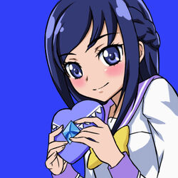  blue_background blue_eyes blue_hair blue_sailor_collar blush braid candy chocolate closed_mouth dokidoki!_precure female food hajime_(caramel_toone) half_updo heart heart-shaped_chocolate hishikawa_rikka lowres oogai_daiichi_middle_school_uniform photoshop_(medium) precure sailor_collar school_uniform simple_background smile solo upper_body 