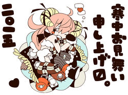  2015 ahoge black_eyes commentary_request female garter_straps gloves heart kanchuumimai long_hair mapico one_eye_closed open_mouth original polka_dot sheep simple_background sitting striped_clothes striped_thighhighs thighhighs unmoving_pattern vertical-striped_clothes vertical-striped_thighhighs white_background 