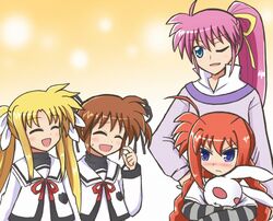  4girls ahoge bad_id bad_pixiv_id blonde_hair blue_eyes blush braid brown_hair closed_eyes commentary_request fate_testarossa hair_ribbon laughing long_hair long_sleeves lyrical_nanoha mahou_shoujo_lyrical_nanoha mahou_shoujo_lyrical_nanoha_a&#039;s mahou_shoujo_lyrical_nanoha_the_movie_2nd_a&#039;s multiple_girls noroi_usagi one_eye_closed open_mouth pink_hair ponytail rabbit red_hair red_ribbon reverse_(bluefencer) ribbon school_uniform seishou_elementary_school_uniform short_twintails signum striped stuffed_animal stuffed_rabbit stuffed_toy sweatdrop takamachi_nanoha twin_braids twintails vita_(nanoha) 