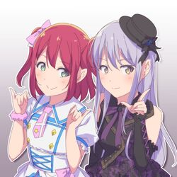  2girls aiba_aina ayasaka bad_id bad_twitter_id bang_dream! black_hat black_ribbon bow bowtie commentary_request corset crossover detached_sleeves dress fns_music_festival furihata_ai gradient_background green_eyes hairbow hand_up hands_up hat hat_ribbon kimi_no_kokoro_wa_kagayaiteru_kai? kurosawa_ruby long_hair love_live! love_live!_sunshine!! minato_yukina multiple_girls name_connection necktie outline photo-referenced pink_bow pink_necktie pink_scrunchie pinky_out purple_bow purple_bowtie purple_hair red_hair ribbon scrunchie smile two_side_up upper_body voice_actor_connection white_outline wrist_scrunchie yellow_eyes 