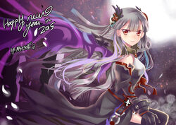  2015 armor armored_dress black_thighhighs braid chinese_commentary commentary_request dark_valkyrie_(p&amp;d) dress earrings female flower full_moon fur_trim gauntlets grey_flower grey_hair grey_rose hair_ornament happy_new_year jewelry long_hair lunacats moon new_year night night_sky petals photoshop_(medium) puzzle_&amp;_dragons red_eyes rose single_earring sky smile solo star_(sky) thighhighs twin_braids valkyrie_(p&amp;d) very_long_hair wings zettai_ryouiki 