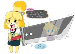  animal_crossing anthro blonde_hair blue_eyes blush broadsword buster_sword canid canine canis cloud_stance cloud_strife crossover dialogue domestic_dog duo ellipsis english_text female final_fantasy final_fantasy_vii fur hair happy header header_box heart_symbol hi_res holding_melee_weapon holding_object holding_sword holding_weapon human isabelle_(animal_crossing) jinu light_body light_skin male mammal melee_weapon nintendo shih_tzu simple_background square_enix super_smash_bros. super_smash_bros._ultimate sword text text_header toy_dog weapon white_background yellow_body yellow_fur 