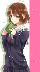  book brown_eyes brown_hair cherry_blossoms commentary_request female flower hair_flower hair_ornament highres katou_megumi looking_at_viewer nancy980216 petals saenai_heroine_no_sodatekata sailor_collar school_uniform short_hair skirt smile solo 